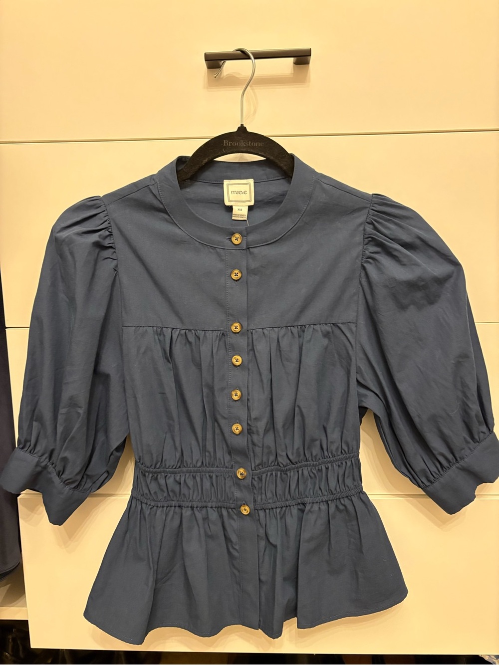 Maeve Navy Button-Front Peplum Top with Wood-Tone Buttons